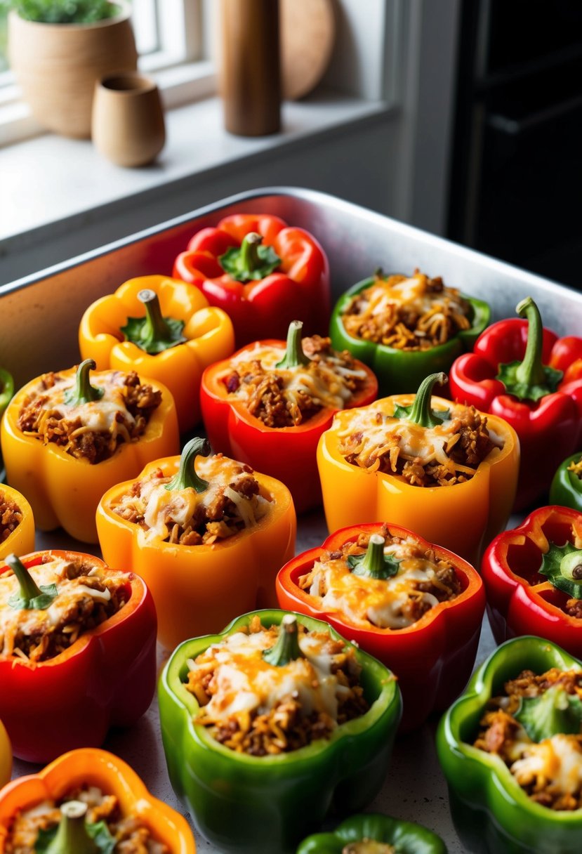 A colorful array of bell peppers, filled with a savory mixture of rice, ground meat, and cheese, arranged in a baking dish ready to be cooked