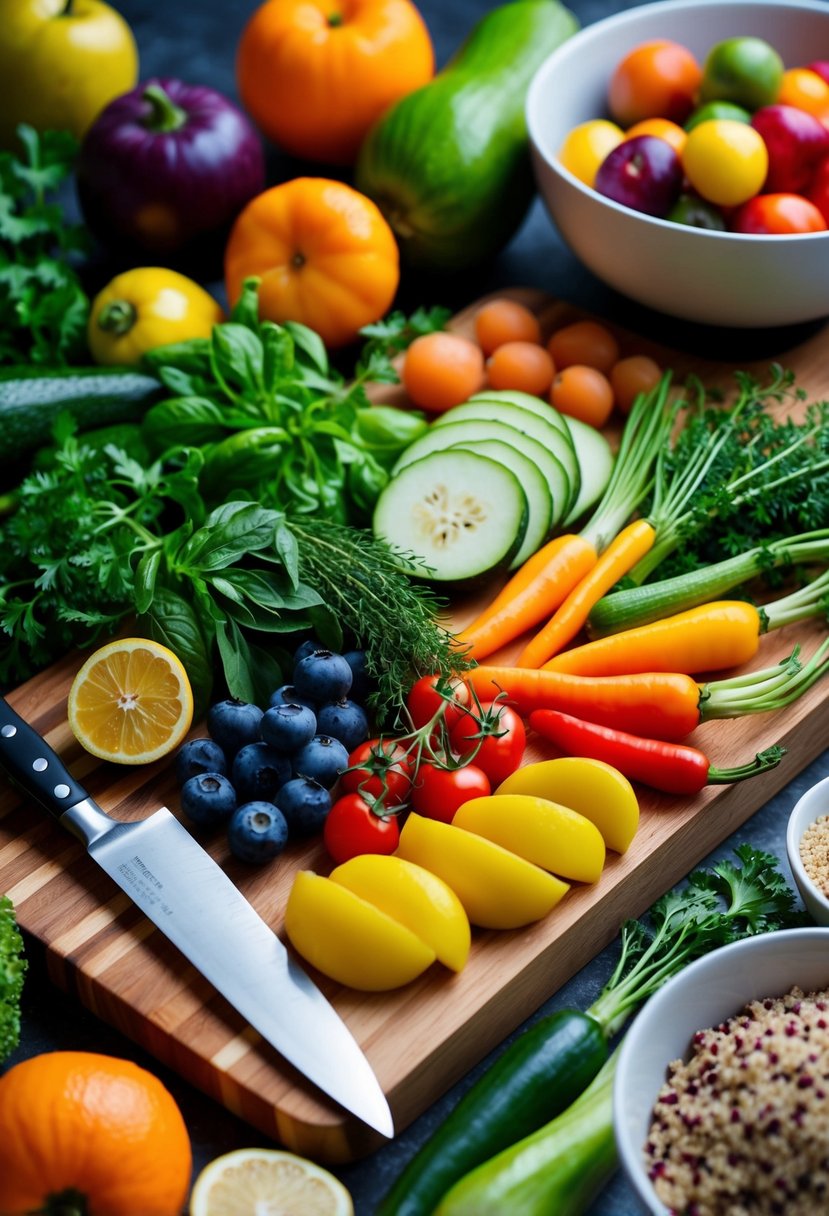 A colorful array of fresh fruits, vegetables, and herbs arranged on a wooden cutting board, with a chef's knife and a bowl of quinoa nearby