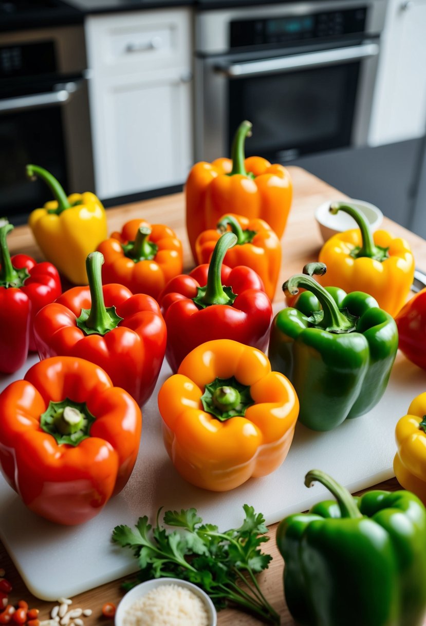 Fresh bell peppers, colorful and vibrant, arranged on a clean cutting board with a variety of ingredients surrounding them, ready to be filled and cooked