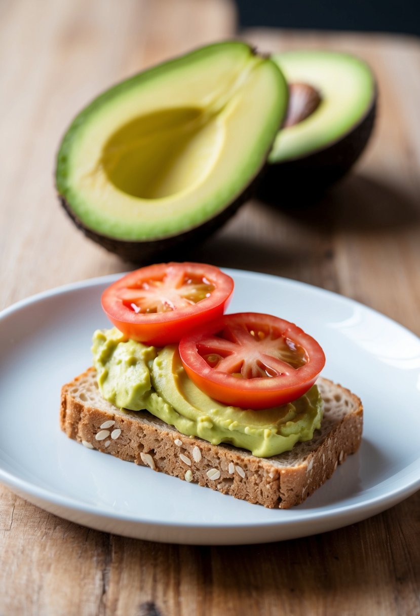 A slice of whole grain bread topped with mashed avocado and sliced tomato on a white plate