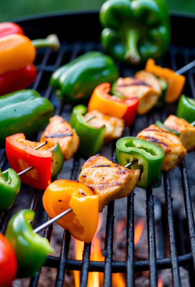 Fresh bell peppers and juicy chicken chunks skewered on metal sticks, ready to be grilled over an open flame