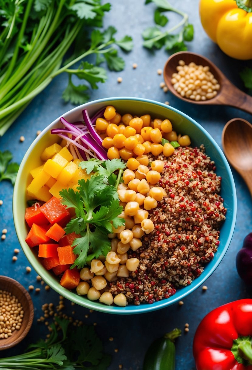 A colorful bowl filled with quinoa, chickpeas, and fresh vegetables, surrounded by vibrant ingredients and kitchen utensils