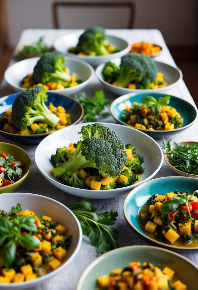 A table set with a colorful array of Mediterranean-inspired dishes featuring broccoli as the star ingredient. A vibrant mix of herbs, spices, and fresh produce completes the scene