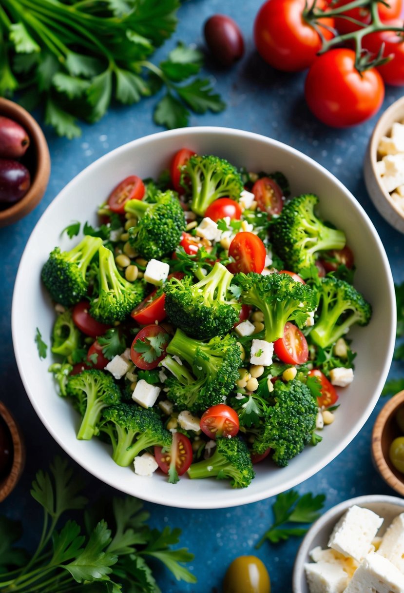 A colorful bowl of broccoli tabbouleh with fresh parsley, surrounded by Mediterranean ingredients like olives, tomatoes, and feta cheese