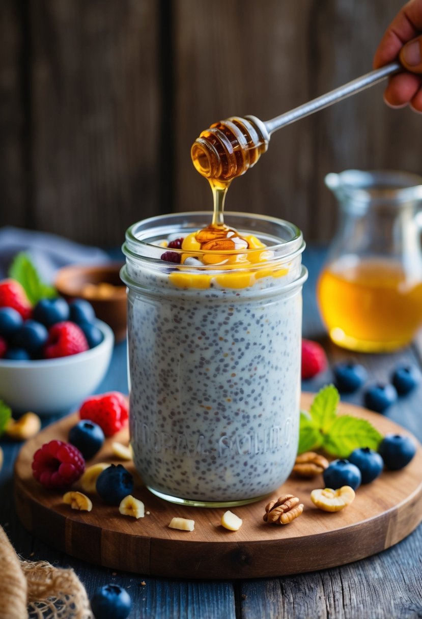 A mason jar filled with chia pudding sits on a rustic wooden table, surrounded by vibrant fresh berries, nuts, and a drizzle of honey