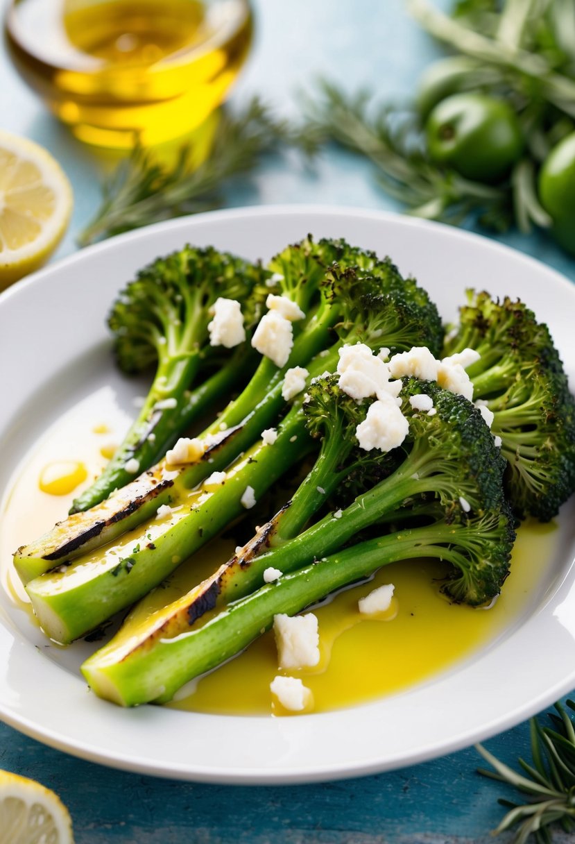 A plate of grilled broccoli topped with crumbled feta cheese and drizzled with lemon juice, set against a Mediterranean backdrop of olive oil, herbs, and fresh vegetables