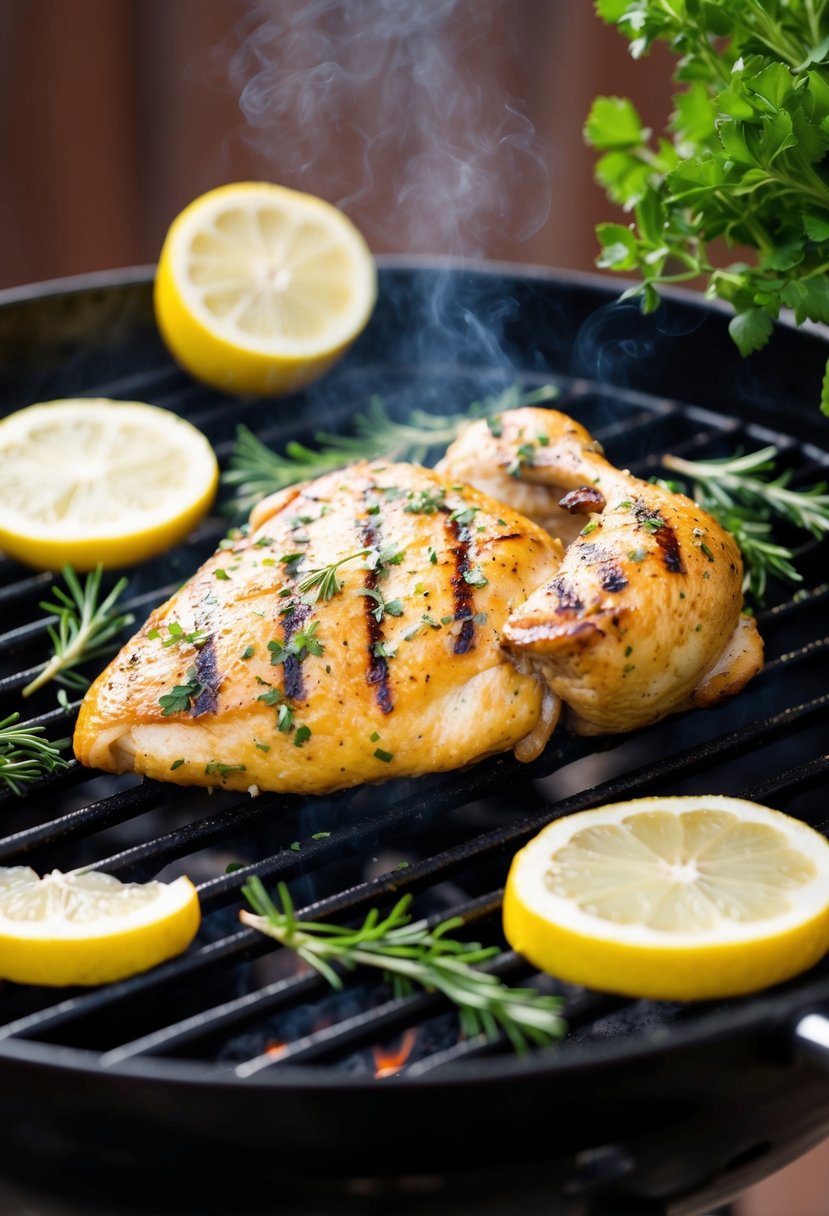 A sizzling lemon herb chicken grilling on a barbecue with fresh herbs and lemon slices scattered around