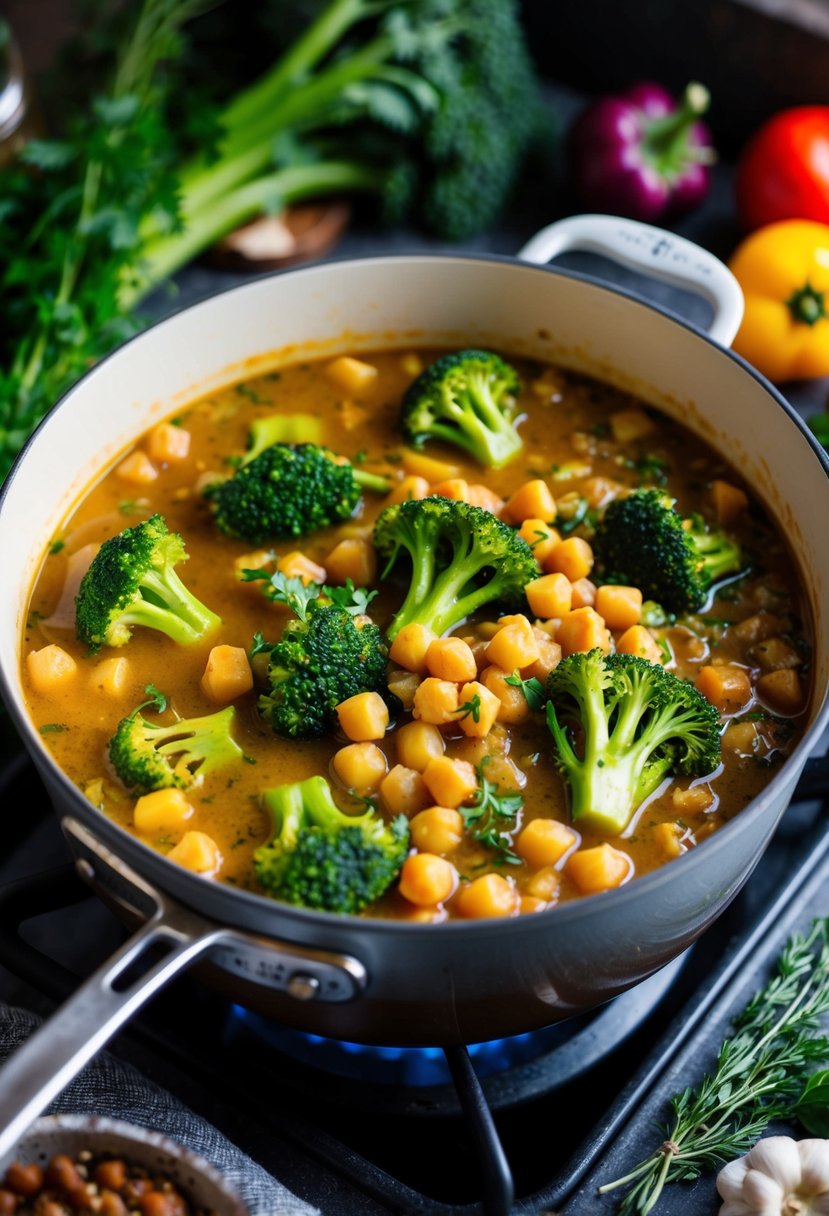 A bubbling pot of Mediterranean broccoli and chickpea stew simmering on a rustic stove, surrounded by colorful vegetables and aromatic herbs