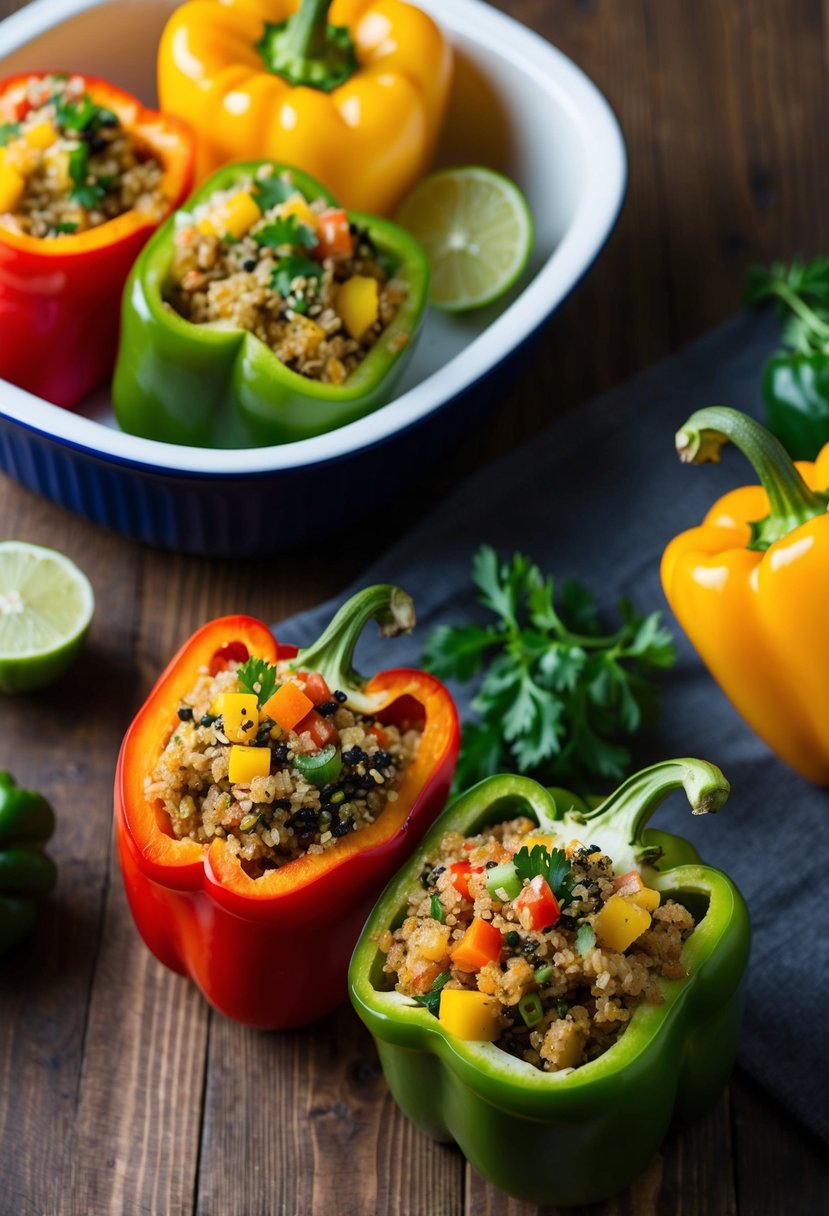 Fresh bell peppers, cut open and stuffed with a colorful mix of quinoa, vegetables, and lean ground turkey. A baking dish sits ready nearby