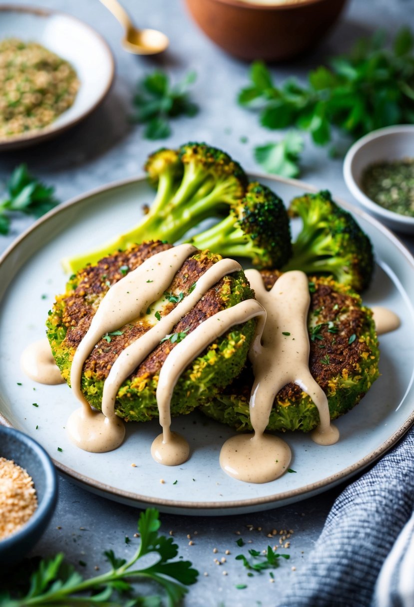 A plate of golden brown broccoli falafel drizzled with creamy tahini sauce, surrounded by vibrant Mediterranean herbs and spices