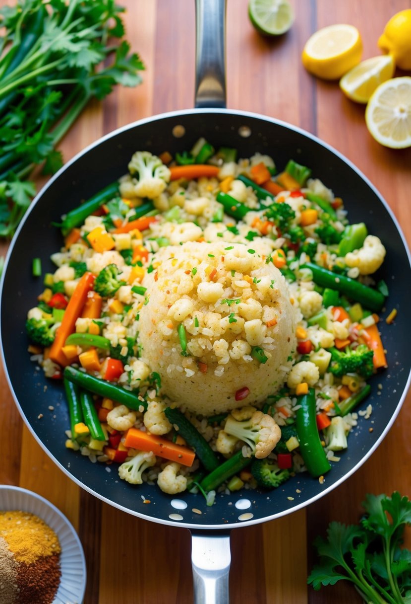 A sizzling pan of colorful vegetables and cauliflower rice being tossed together with a variety of seasonings, creating a vibrant and healthy stir-fry dish