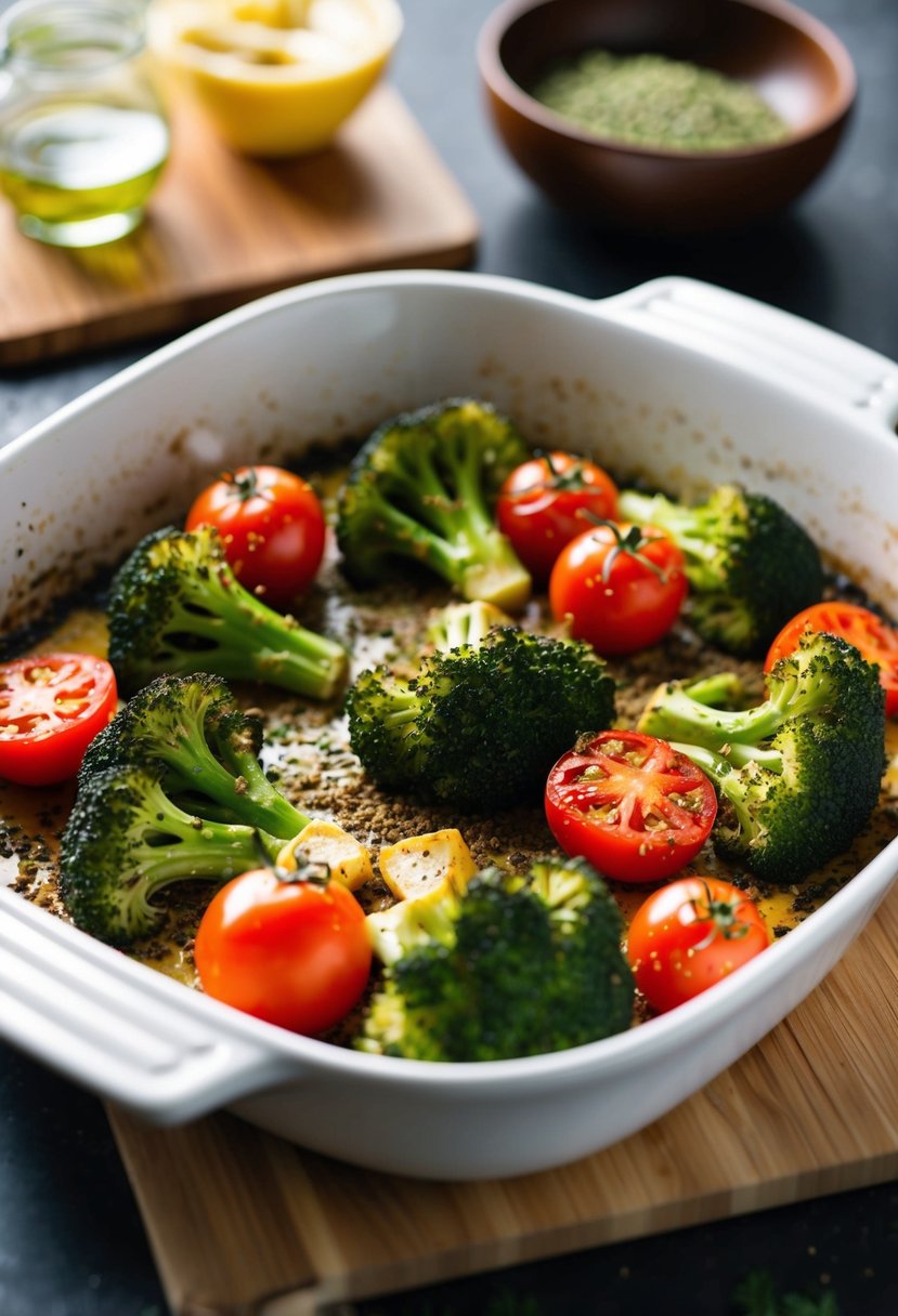 Broccoli and tomatoes roasting in a zaatar-seasoned mediterranean dish