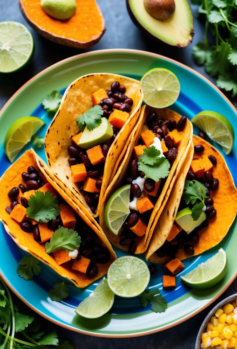 A colorful array of sweet potato and black bean tacos arranged on a vibrant plate, surrounded by fresh ingredients like avocado, cilantro, and lime