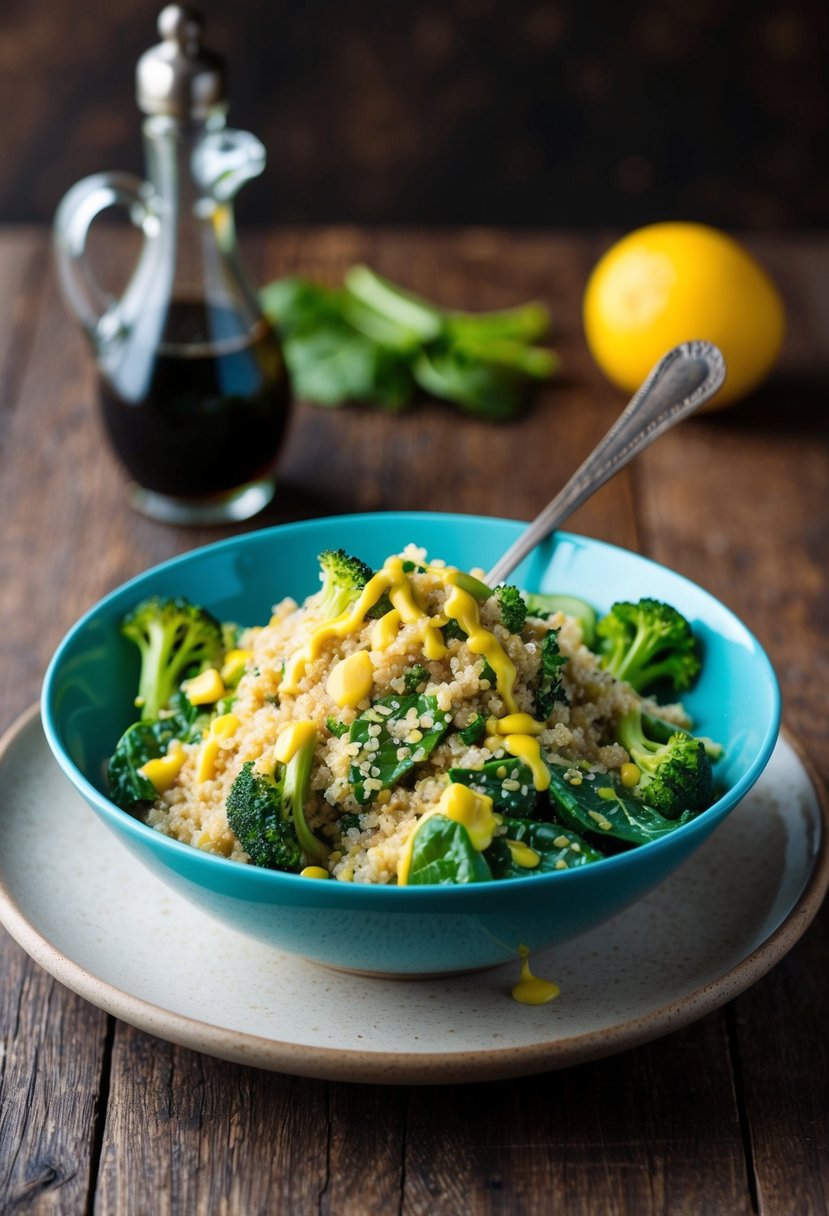 A vibrant bowl of quinoa salad with broccoli and spinach, drizzled with Mediterranean dressing, sitting on a rustic wooden table