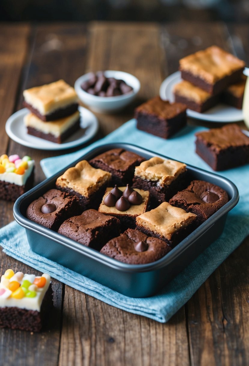 A mini brownie pan filled with a variety of freshly baked brownies and other sweet treats arranged on a rustic wooden table