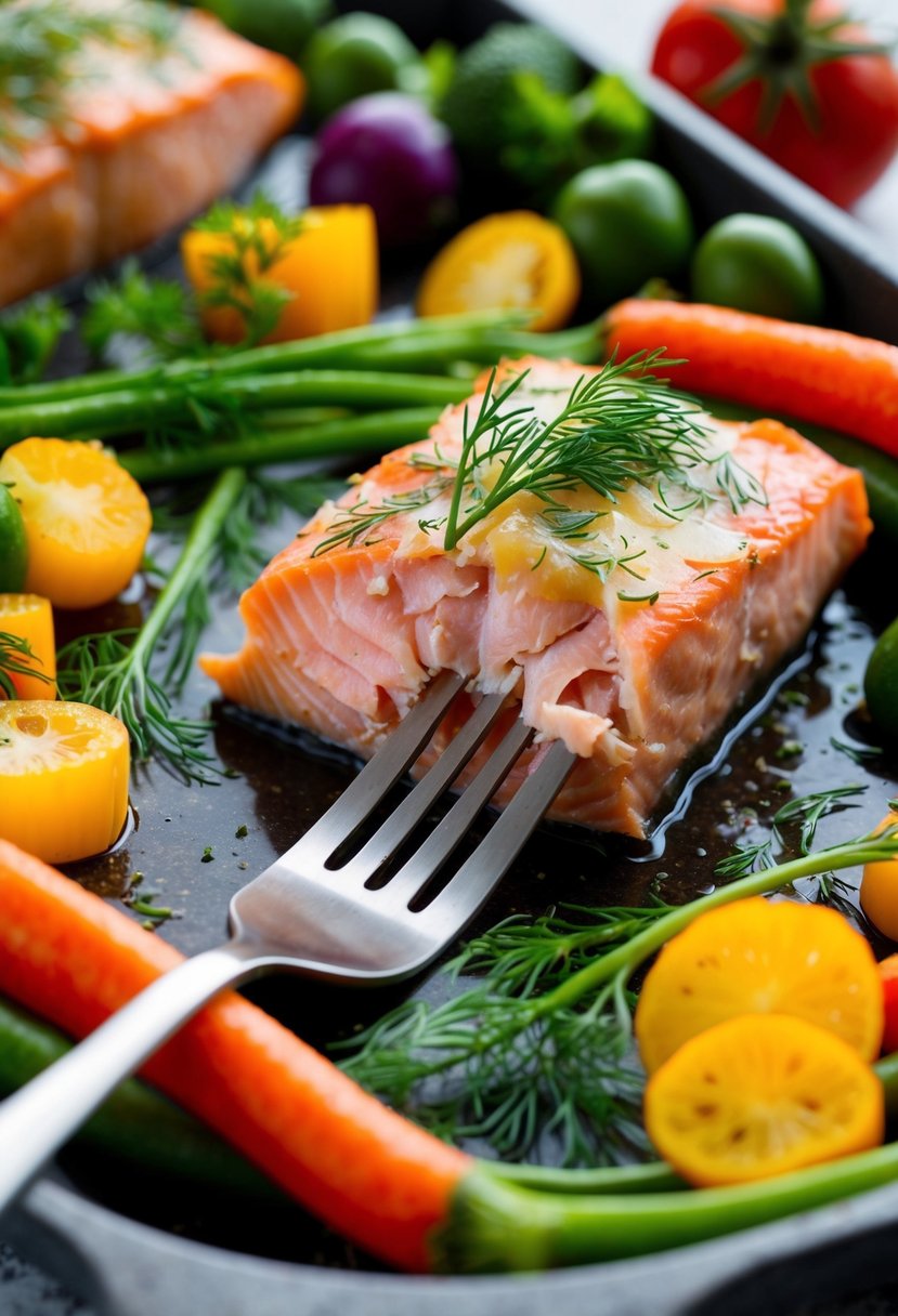 A fork cutting into a flaky, pink piece of baked salmon, topped with fresh dill and surrounded by colorful, vibrant vegetables