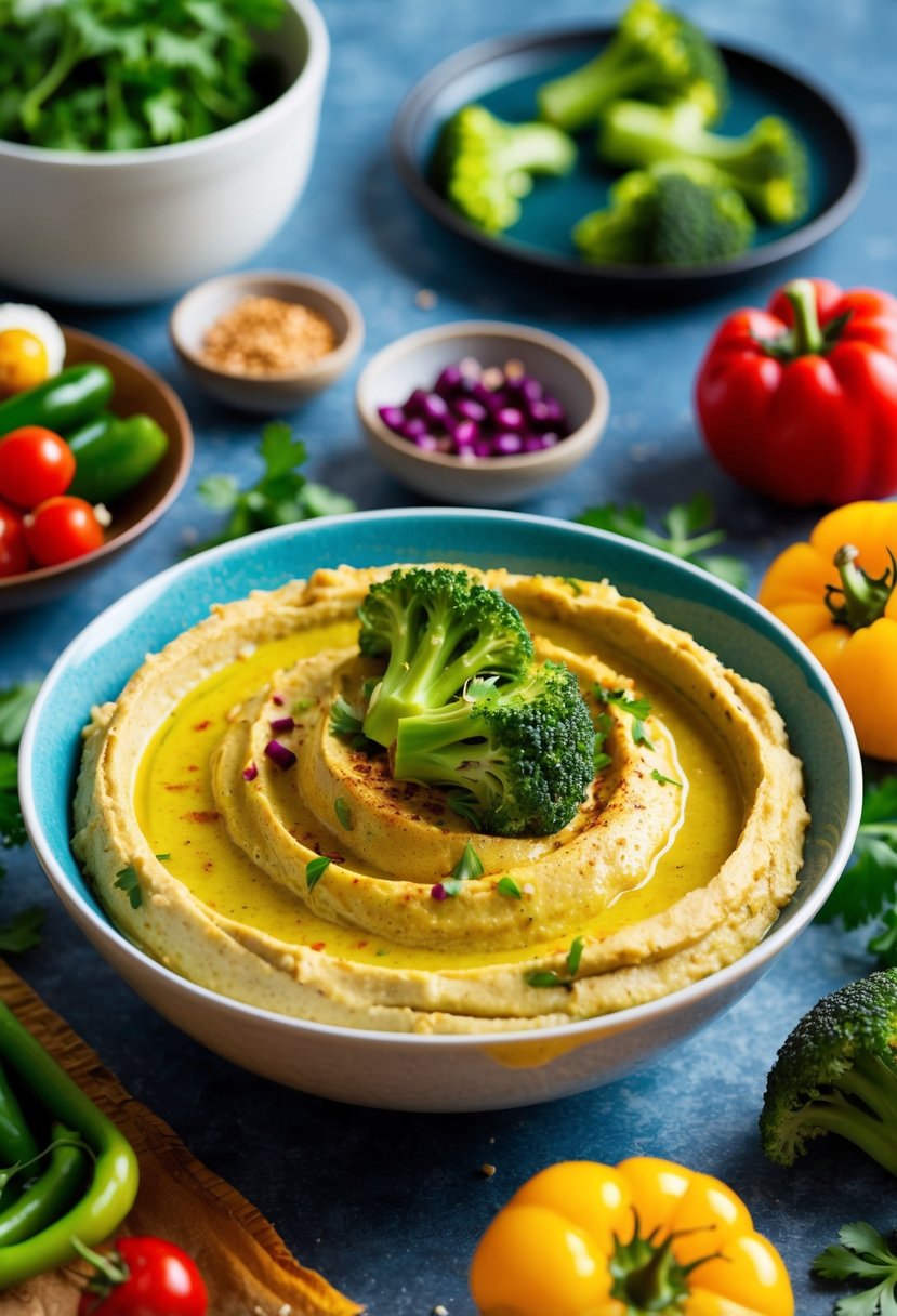 A vibrant bowl of spicy broccoli hummus surrounded by colorful Mediterranean ingredients