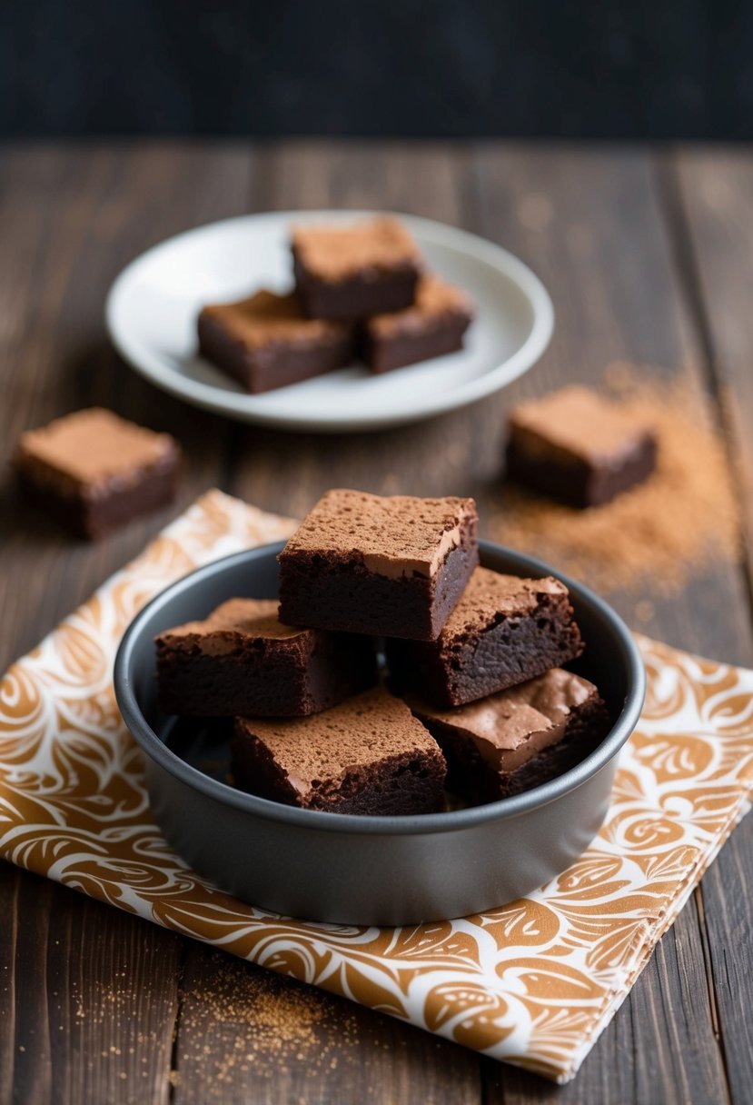 A mini brownie pan filled with triple chocolate delights, arranged on a wooden table with a decorative napkin and a scattering of cocoa powder