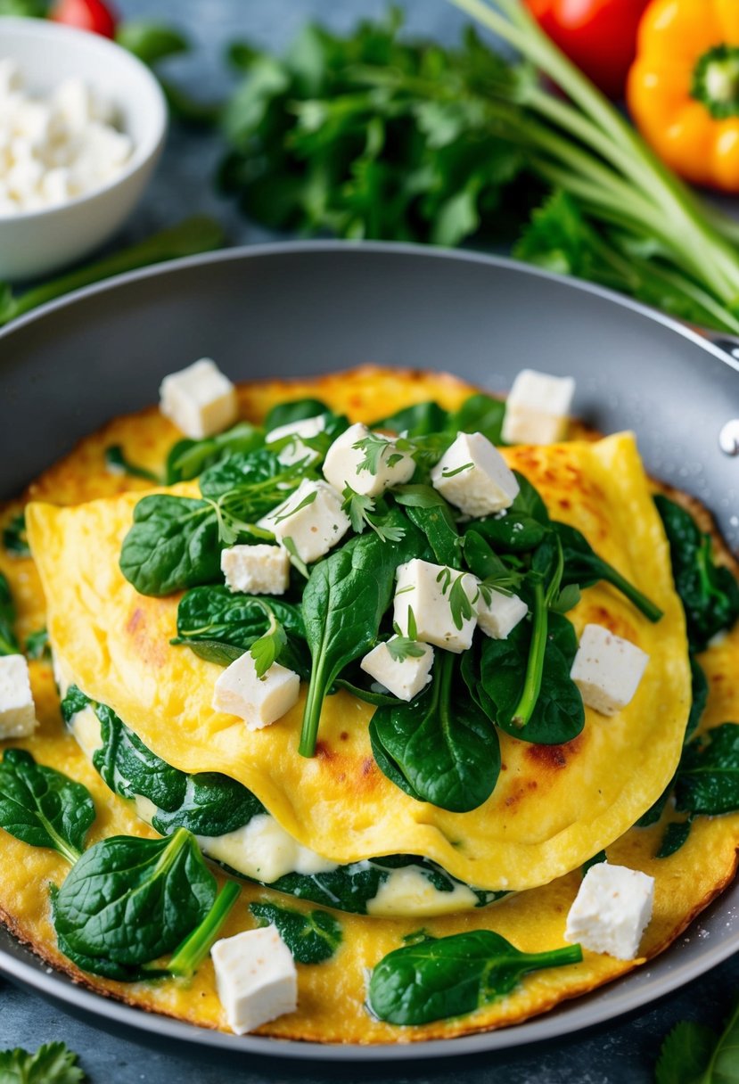 A sizzling omelette filled with vibrant green spinach and creamy feta, surrounded by colorful vegetables and fresh herbs