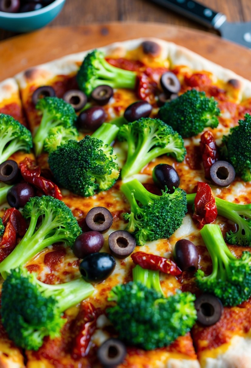 A vibrant pizza topped with broccoli, olives, and sun-dried tomatoes, evoking Mediterranean flavors