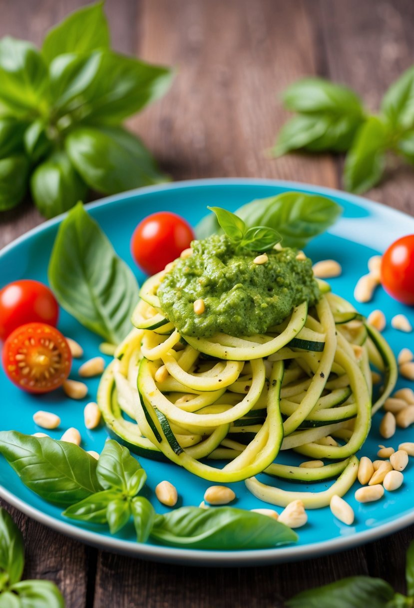 A colorful plate of zucchini noodles topped with vibrant green pesto, surrounded by fresh basil leaves, cherry tomatoes, and pine nuts