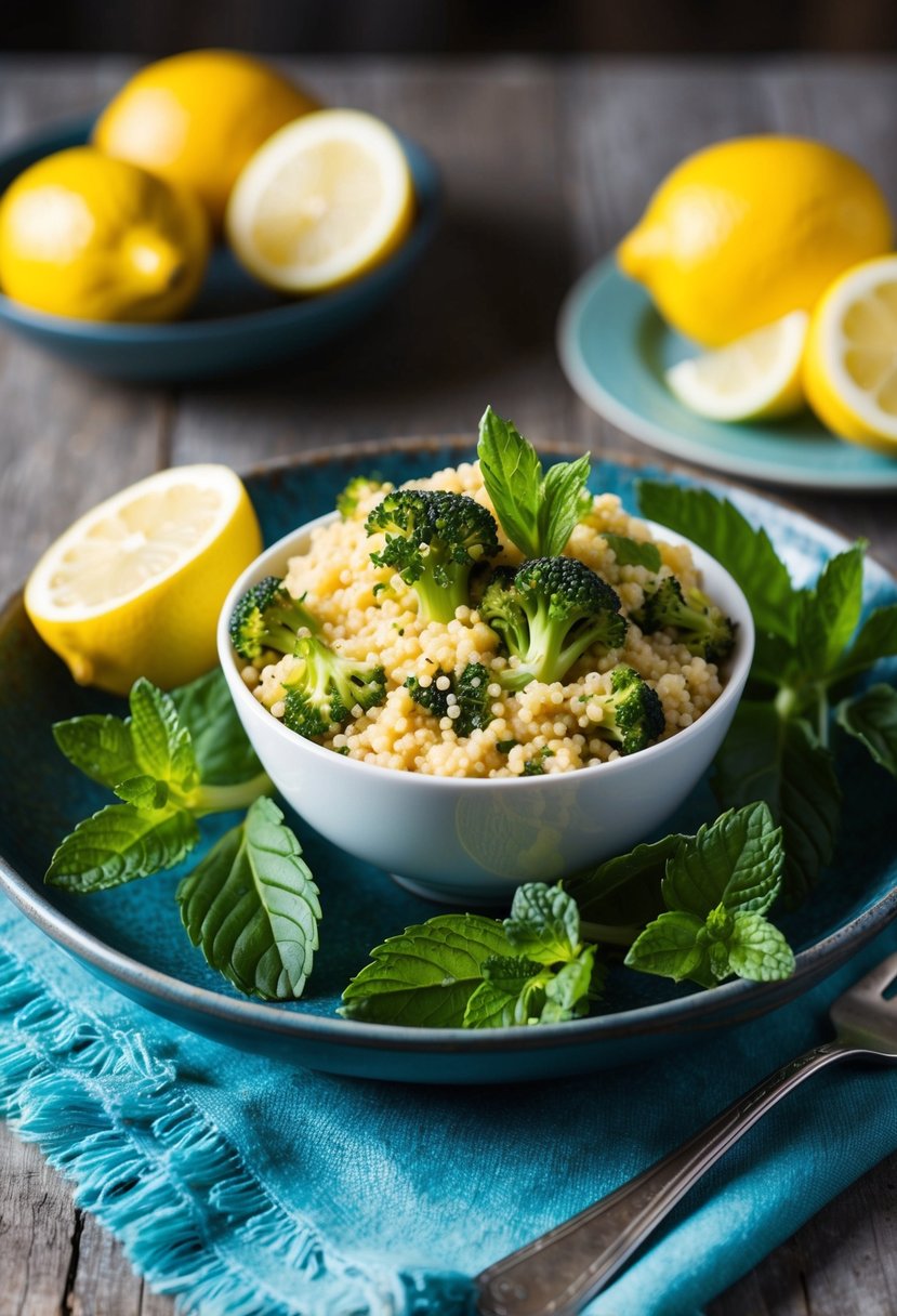 A vibrant Mediterranean scene with a bowl of broccoli couscous, fresh lemon, and sprigs of mint on a rustic table