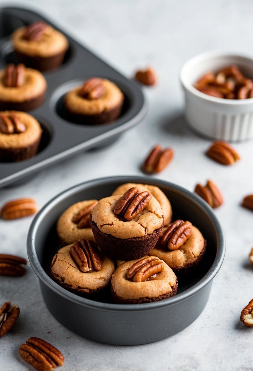 A mini brownie pan filled with caramel pecan bites, ready for baking