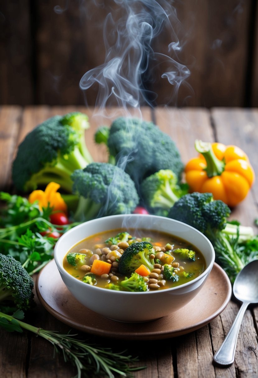 A rustic kitchen table with a steaming bowl of Mediterranean broccoli and lentil soup, surrounded by fresh broccoli florets and colorful Mediterranean herbs