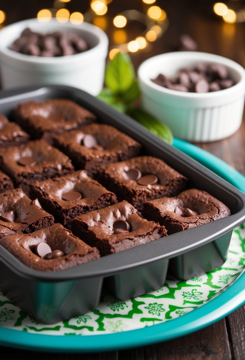 A mini brownie pan filled with mint chocolate chip brownies, ready to be served on a pampered chef platter