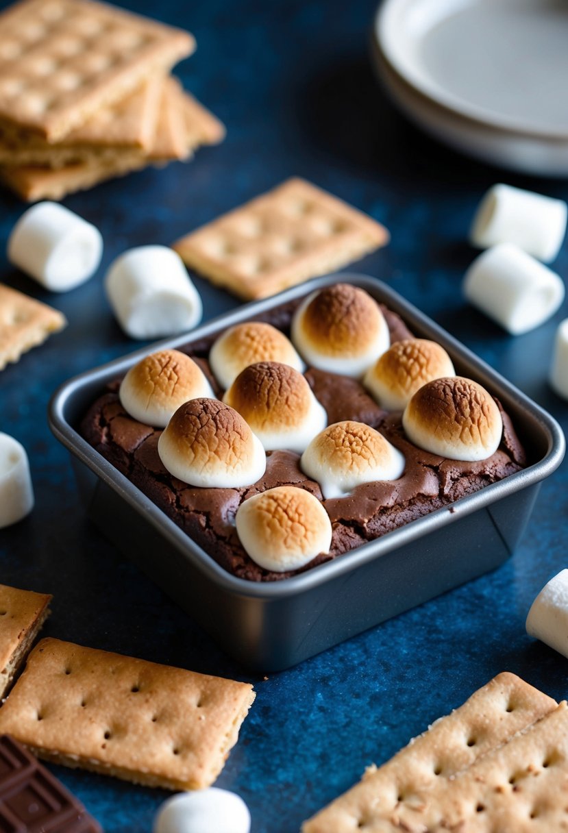 A mini brownie pan filled with gooey s'mores brownies, surrounded by graham crackers, marshmallows, and chocolate