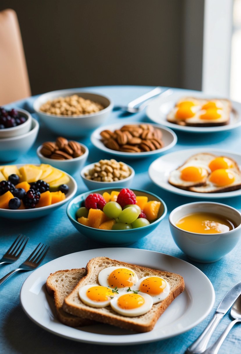 A table set with a variety of gluten-free and dairy-free breakfast options, including fruits, nuts, eggs, and gluten-free toast