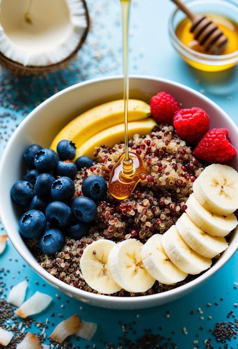 A colorful bowl filled with cooked quinoa, fresh berries, sliced bananas, and a drizzle of honey, surrounded by scattered chia seeds and coconut flakes