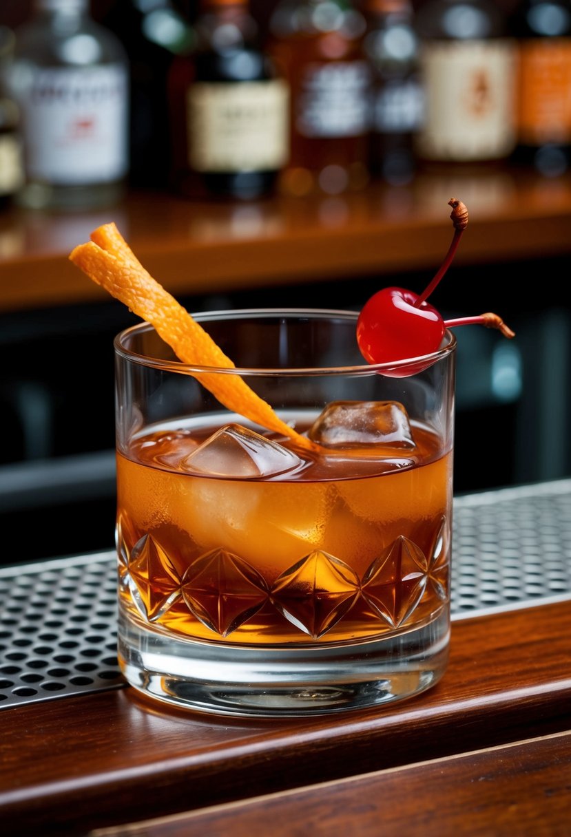 A glass filled with amber-colored bourbon cocktail, garnished with a twist of orange peel and a maraschino cherry, resting on a wooden bar top