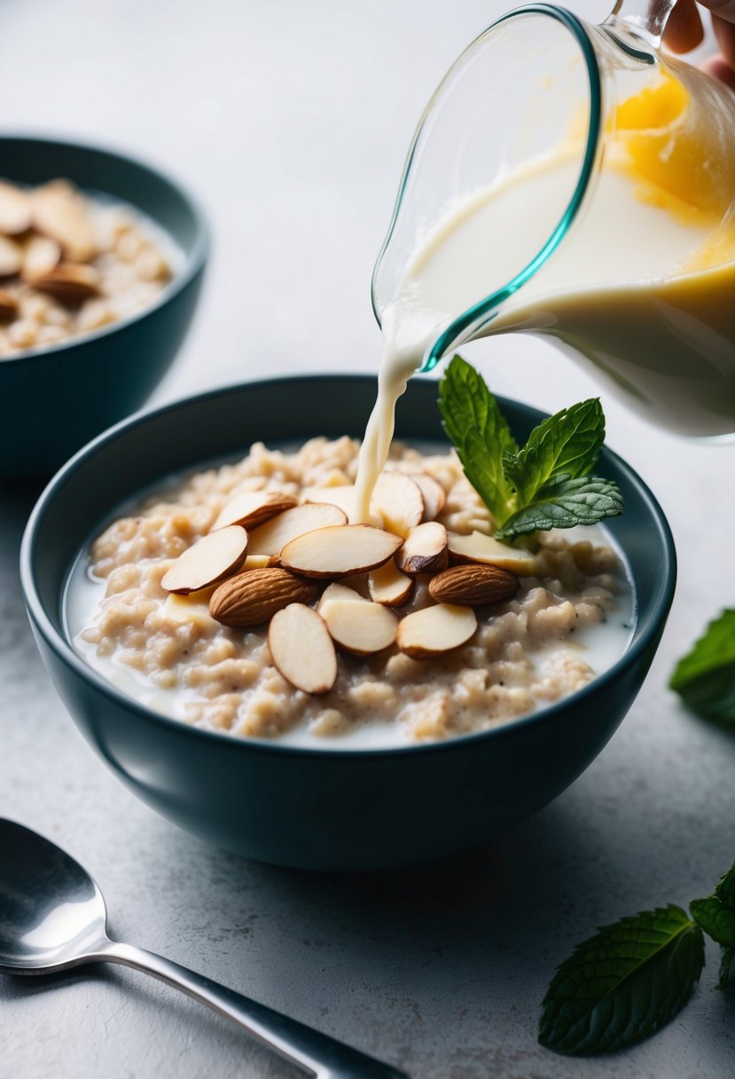 A bowl of oatmeal topped with sliced almonds and a pour of almond milk, with a sprig of mint on the side