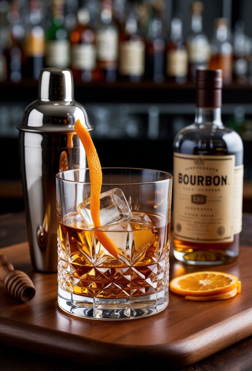 A crystal glass filled with amber bourbon, ice cubes, and a twist of orange peel, set on a wooden bar top next to a vintage cocktail shaker and a bottle of bourbon