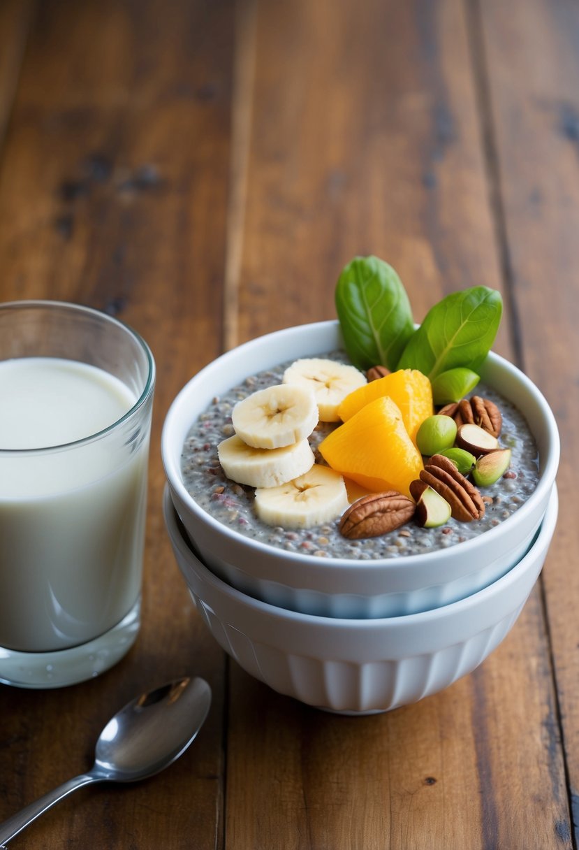 A bowl of banana chia pudding topped with fresh fruit and nuts, next to a glass of almond milk, on a wooden table