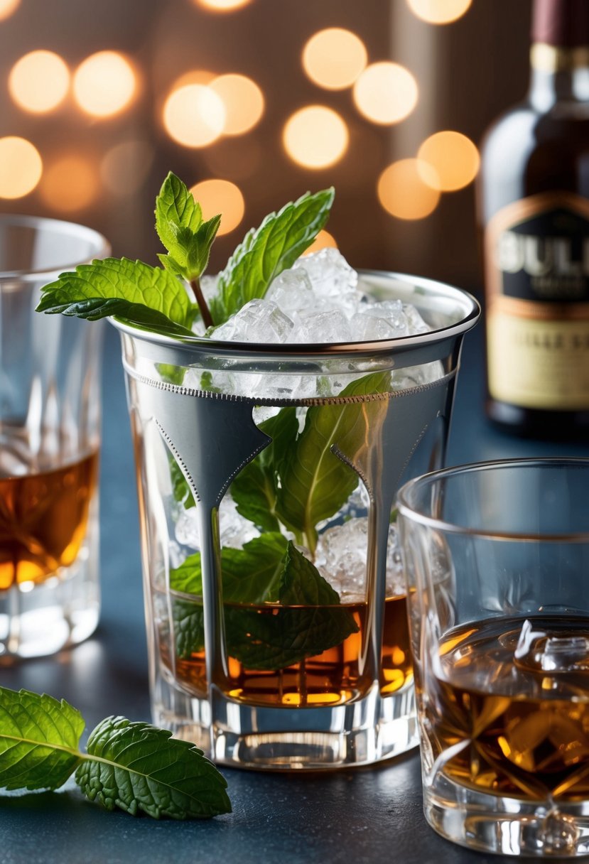 A silver julep cup filled with crushed ice, fresh mint leaves, and bourbon, garnished with a sprig of mint