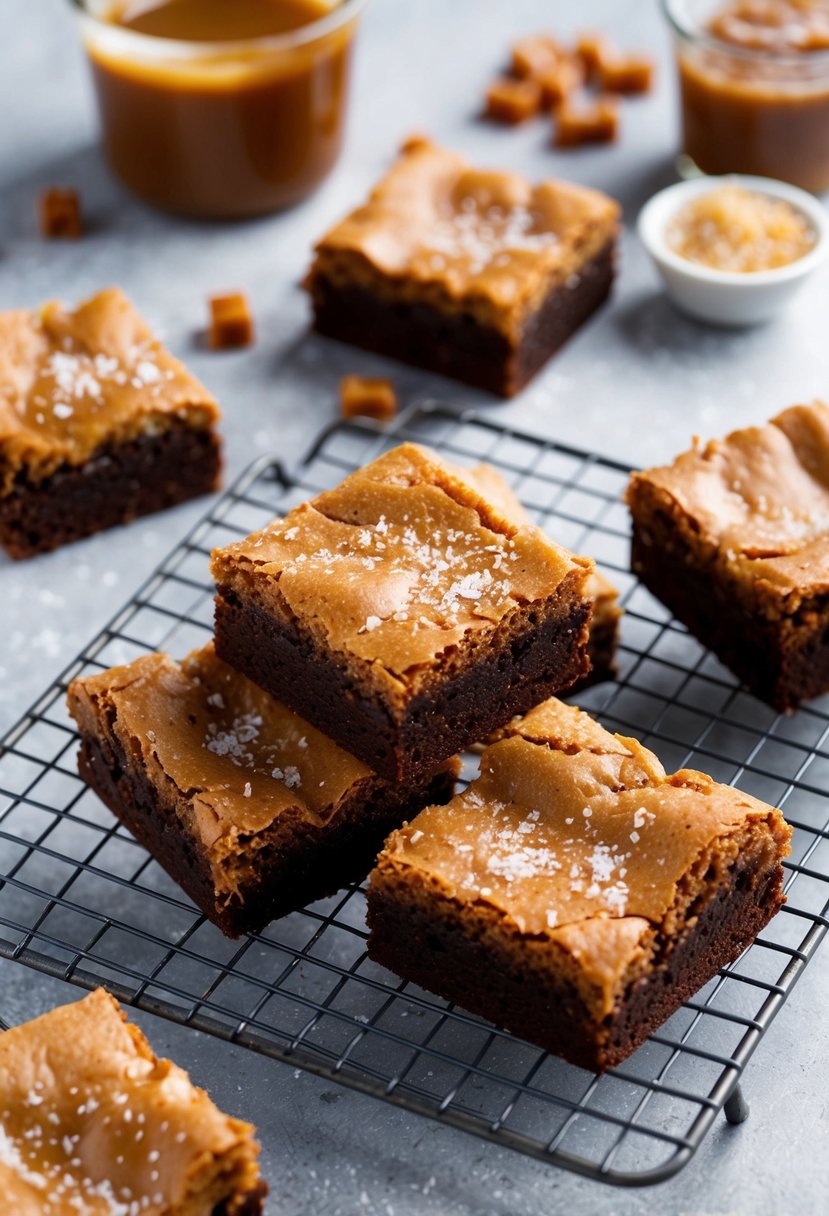 A batch of salted caramel brownies cooling on a wire rack, surrounded by the Pampered Chef mini brownie pan and scattered ingredients