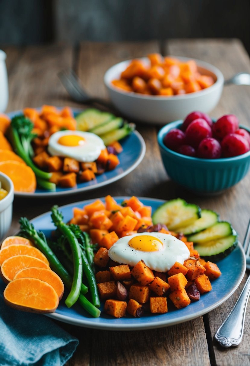 A colorful breakfast spread with sweet potato hash, fresh vegetables, and a side of fruit on a rustic wooden table