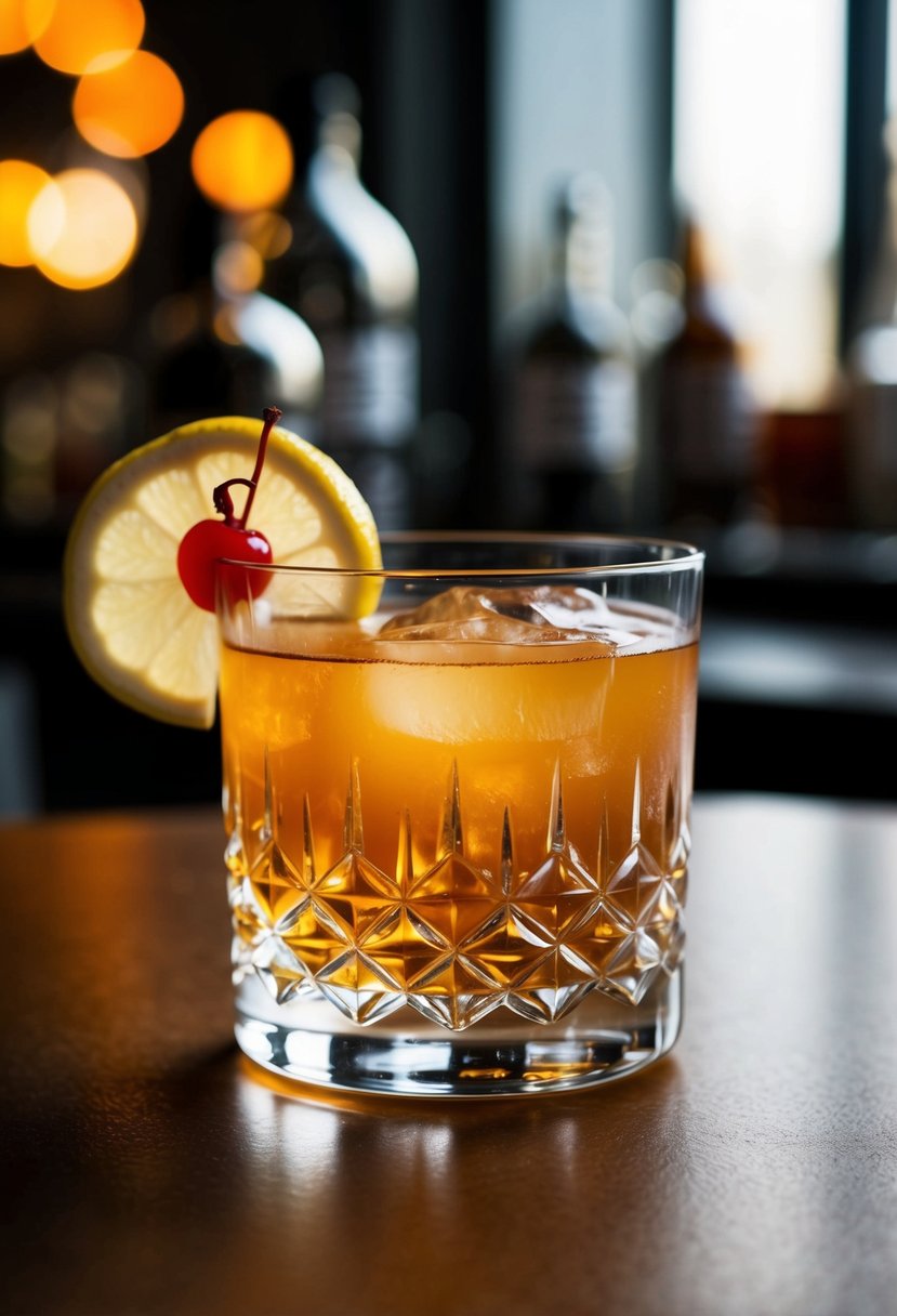 A crystal glass filled with amber-colored Whiskey Sour cocktail, garnished with a slice of lemon and a maraschino cherry on the rim