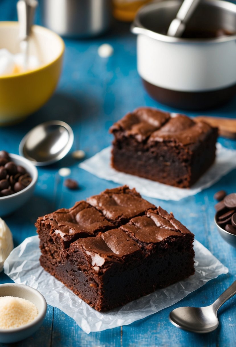 A mini brownie pan filled with espresso fudge brownies, surrounded by baking ingredients and utensils