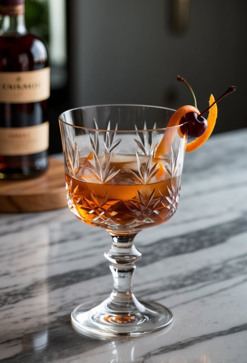 A crystal glass filled with a bourbon cocktail sits on a marble countertop, garnished with an orange twist and a cherry