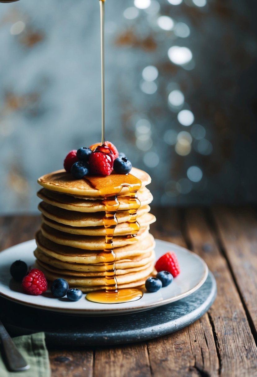 A stack of golden gluten-free pancakes topped with fresh berries and a drizzle of maple syrup, served on a rustic wooden table