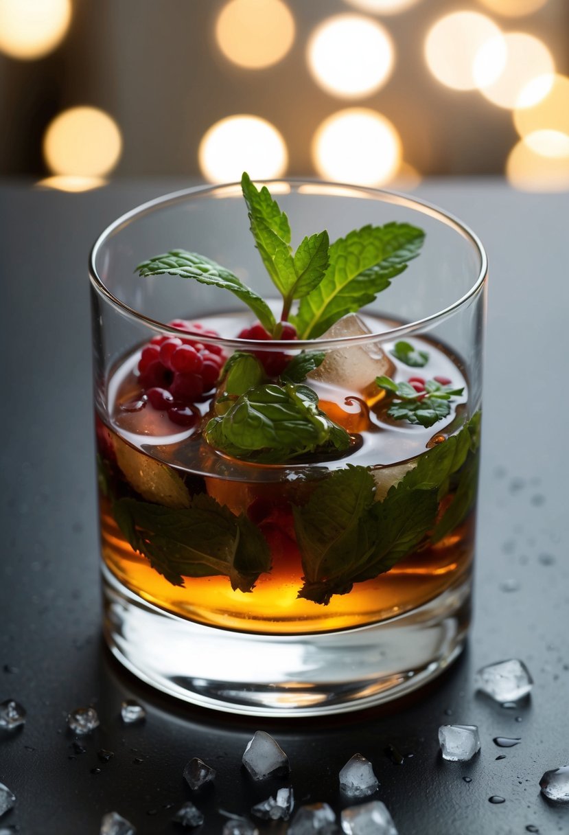 A glass filled with bourbon, muddled mint and berries, crushed ice, and a sprig of fresh mint on top