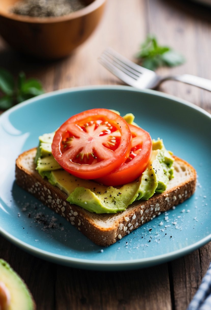 A slice of gluten-free toast topped with mashed avocado and sliced tomatoes, with a sprinkle of salt and pepper