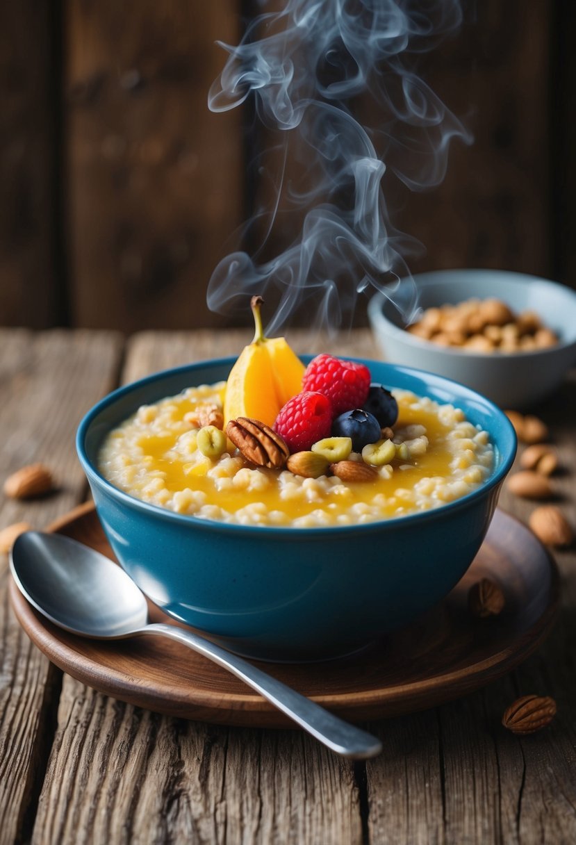 A steaming bowl of buckwheat porridge topped with fresh fruit and nuts, set on a rustic wooden table