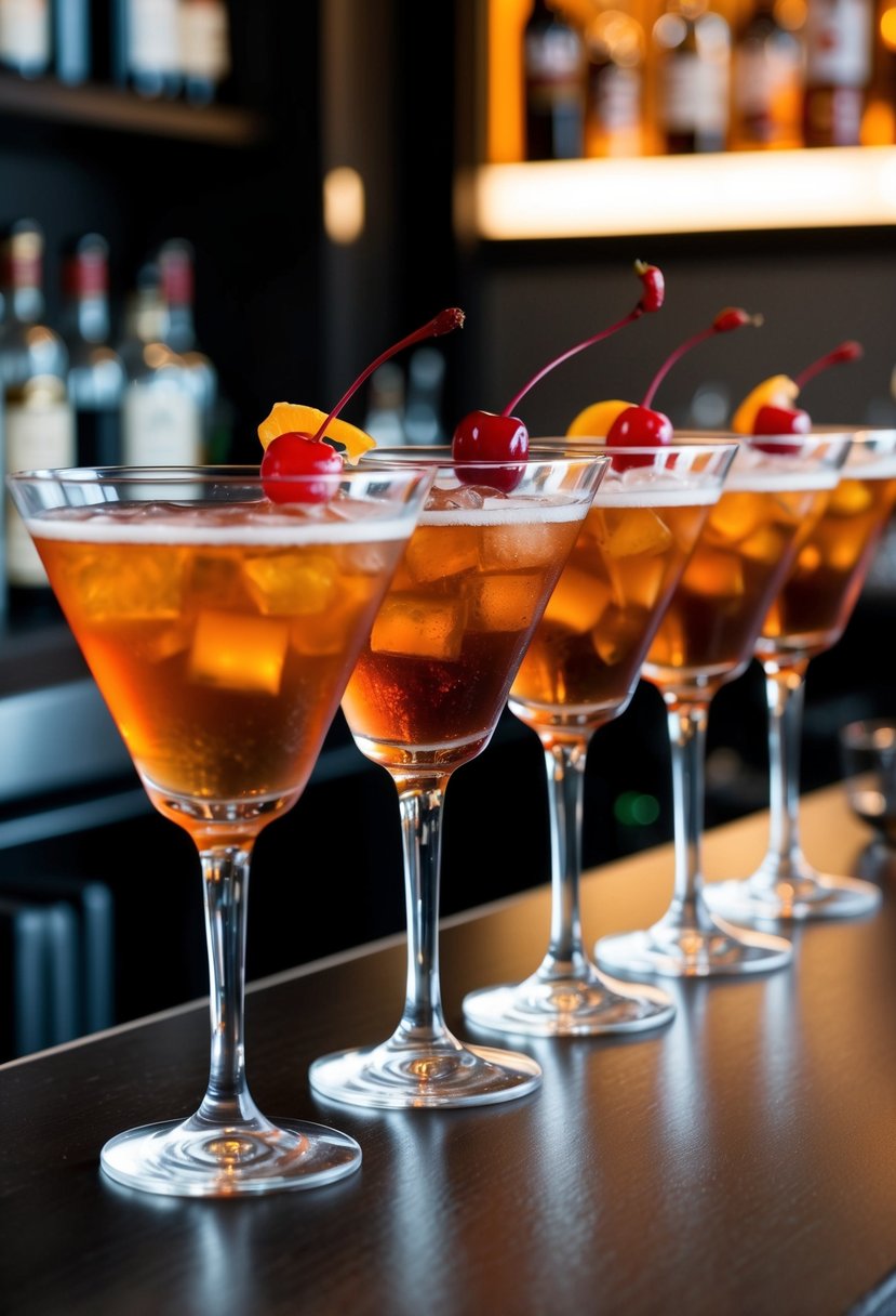 A sleek bar setting with a row of cocktail glasses filled with Manhattan bourbon cocktails, garnished with a cherry and orange twist, set on a dark wooden bar counter