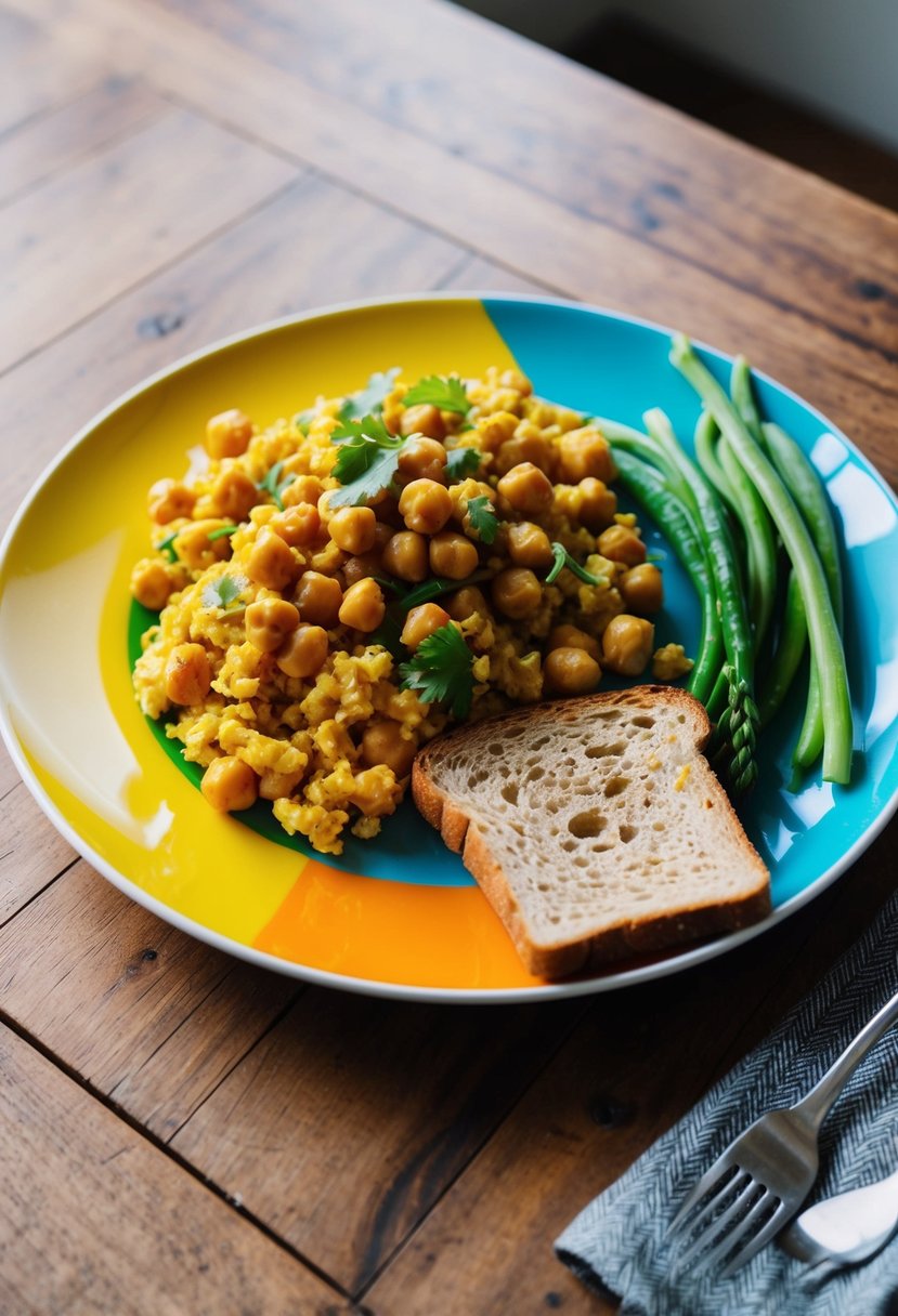 A colorful plate with a chickpea scramble, fresh vegetables, and a side of gluten-free toast on a wooden table