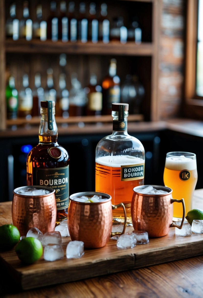 A rustic wooden bar with copper mugs, fresh limes, and a bottle of bourbon surrounded by ginger beer and ice