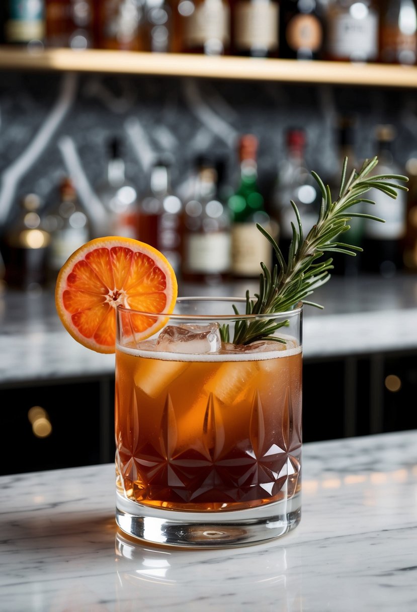 A classic Brown Derby cocktail sits on a marble bar, garnished with a twist of grapefruit and a sprig of fresh rosemary